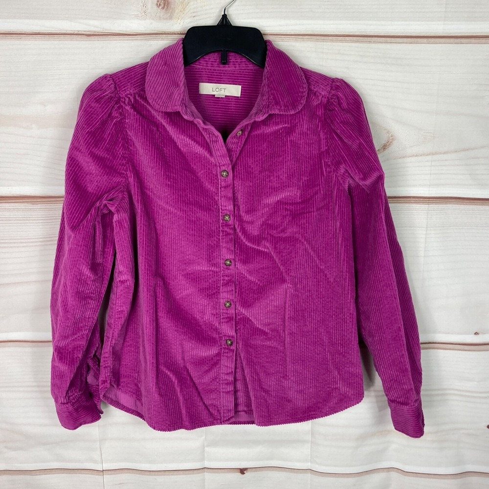 LOFT Top Womens XS Purple Corduroy Shirt Button Up Puff Sleeve Collar Cotton